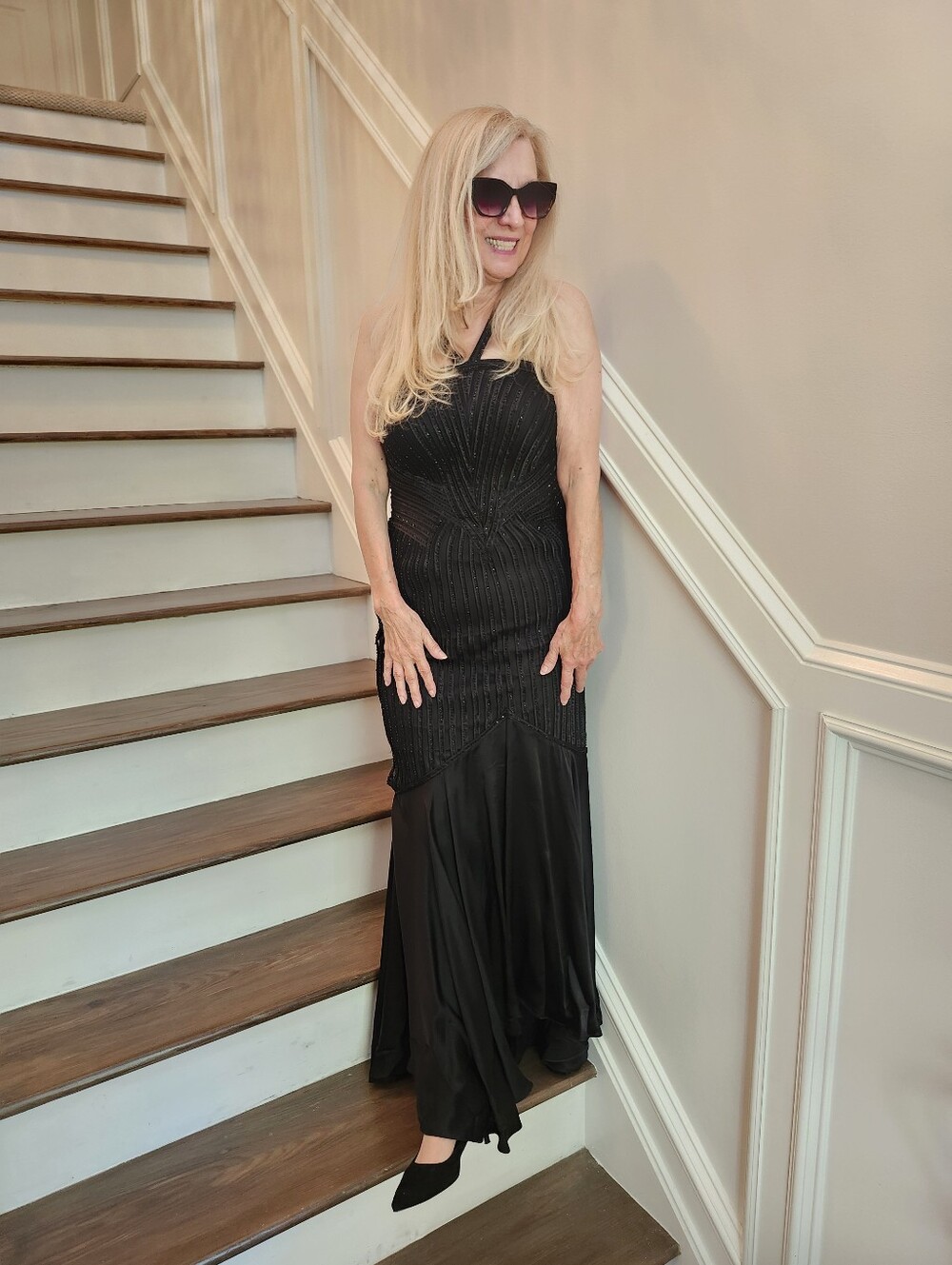 Mieka Stunning Like New Black Beaded Silk/Satin Straped Evening Gown, 40/6 $200 - Picture 5 of 13